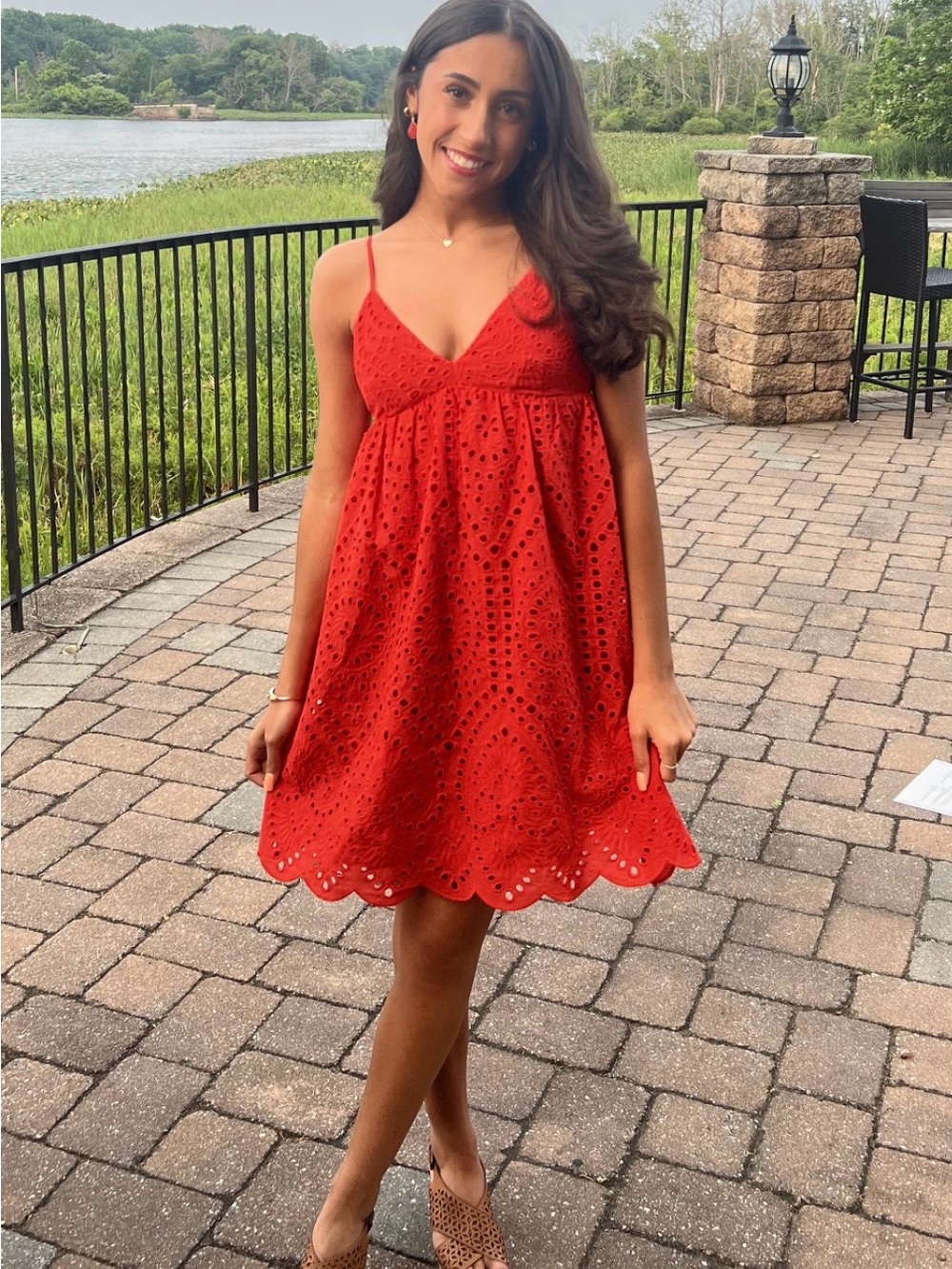 H&M Red Eyelet Spaghetti-Strap Mini Dress